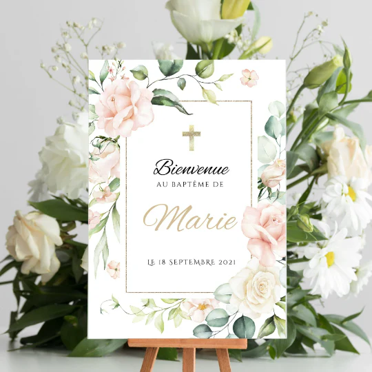 Affiche bienvenue baptême / anniversaire personnalisée - Panneau de bienvenue pour bapteme par le Temps des Paillettes