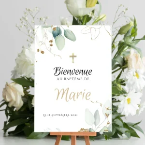 Affiche bienvenue baptême eucalyptus / anniversaire personnalisée - Panneau de bienvenue pour bapteme par le Temps des Paillettes